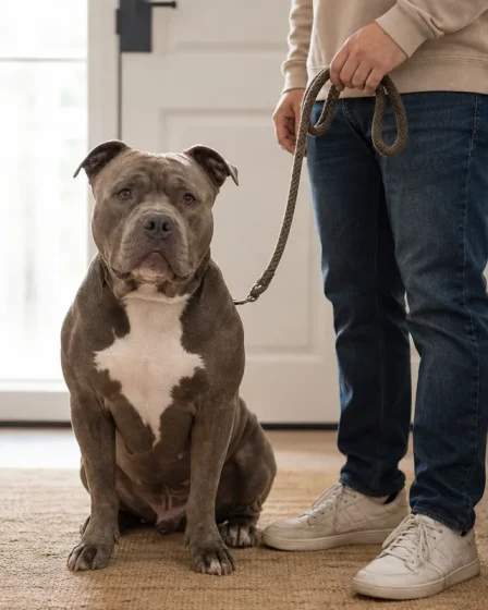 American Bully calme tenu en laisse près d’une muselière à la maison