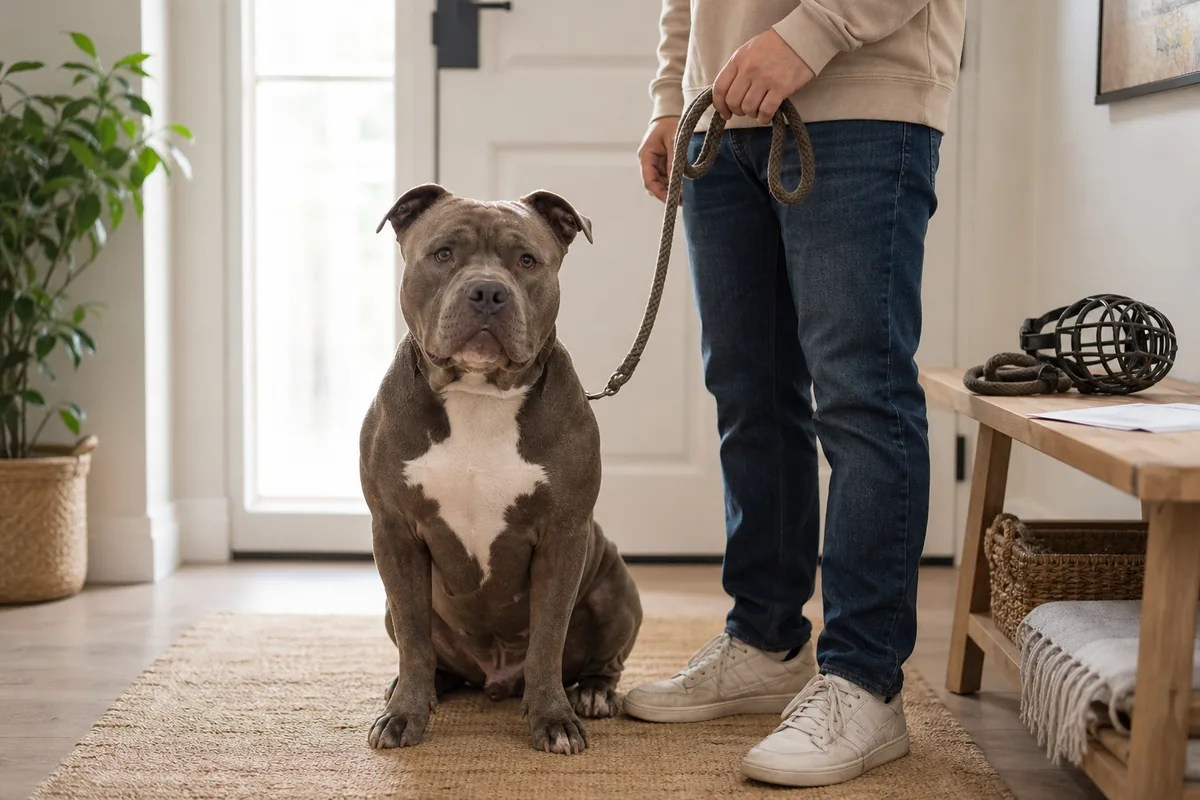American Bully calme tenu en laisse près d’une muselière à la maison