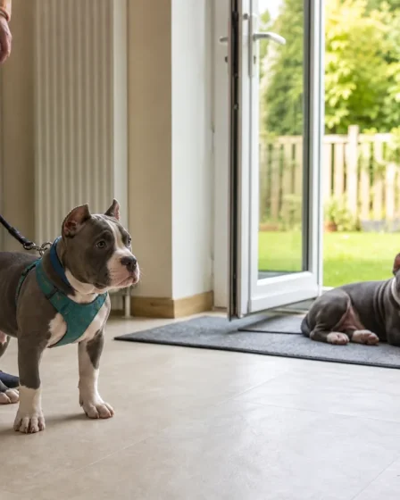 Deux chiots American Bully travaillés séparément à la maison