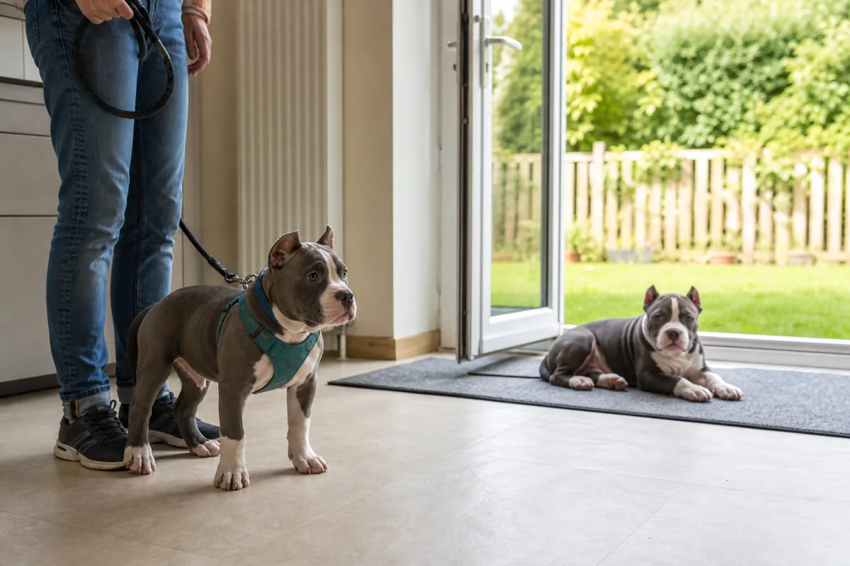 Deux chiots American Bully travaillés séparément à la maison