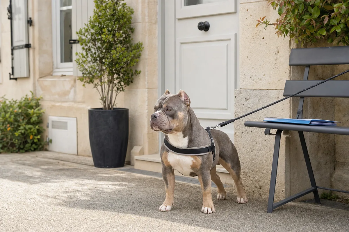 Pocket Bully calme en harnais devant une maison avec dossier vétérinaire