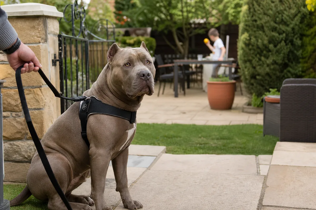 XL Bully tenu en laisse dans un jardin avec enfant à distance