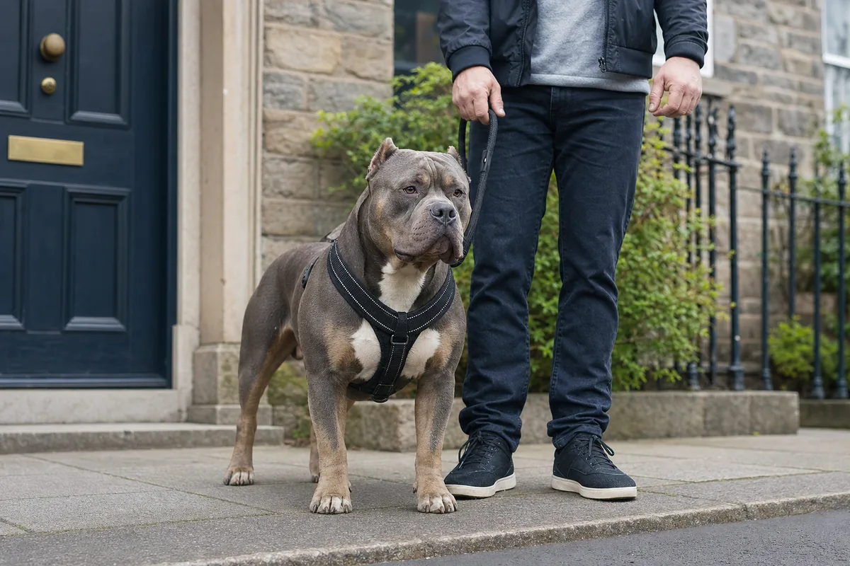 American Bully calme devant une maison irlandaise avec laisse et harnais