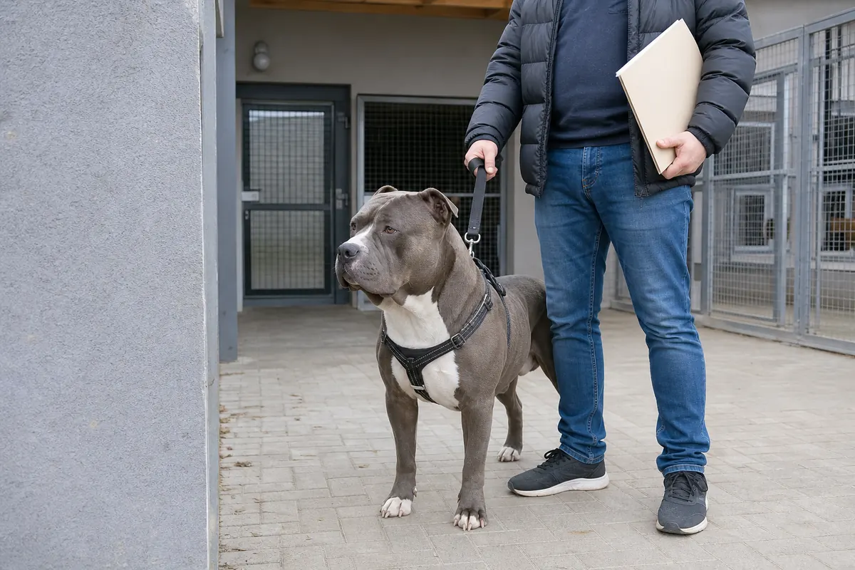 XL Bully calme en laisse devant un chenil avec documents de contrôle