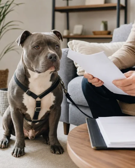 American Bully calme assis près de son maître avec un dossier vétérinaire