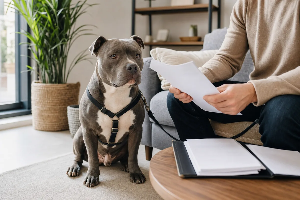 American Bully calme assis près de son maître avec un dossier vétérinaire