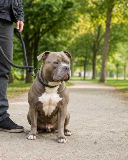 American Bully calme tenu en laisse par son maître dans un parc