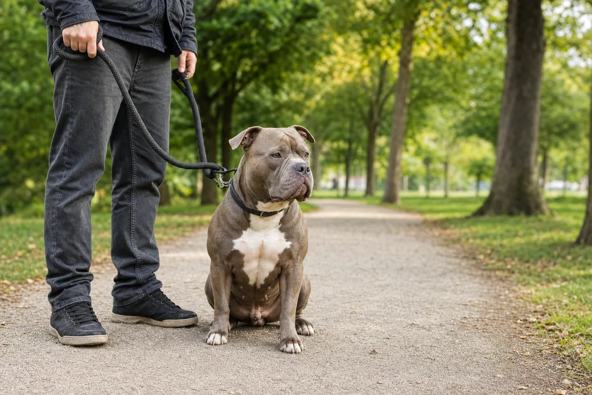 American Bully calme tenu en laisse par son maître dans un parc
