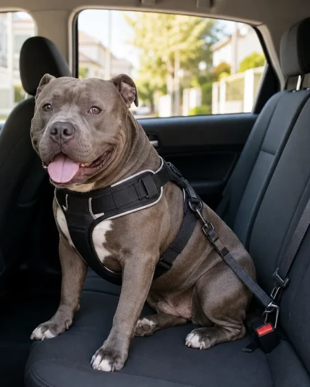 American Bully attaché avec un harnais auto sur la banquette arrière