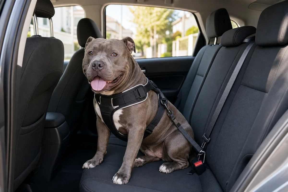 American Bully attaché avec un harnais auto sur la banquette arrière