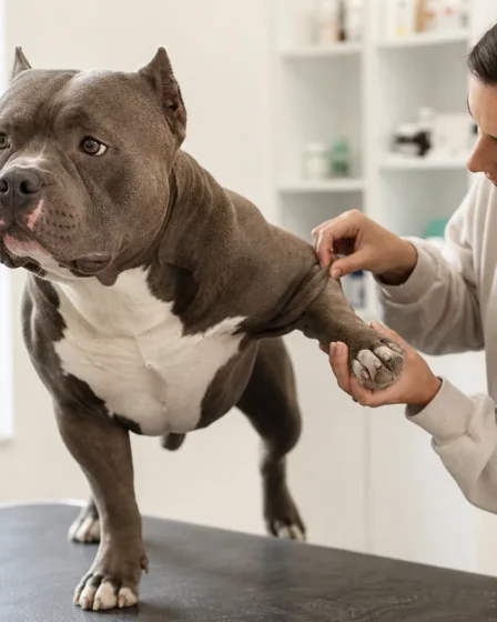 American Bully calme pendant un contrôle des pattes et des plis de peau