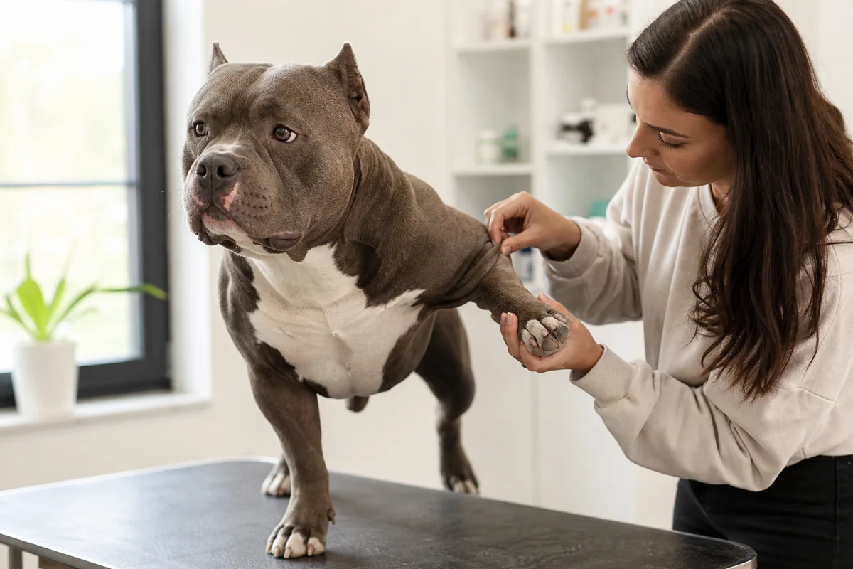 American Bully calme pendant un contrôle des pattes et des plis de peau