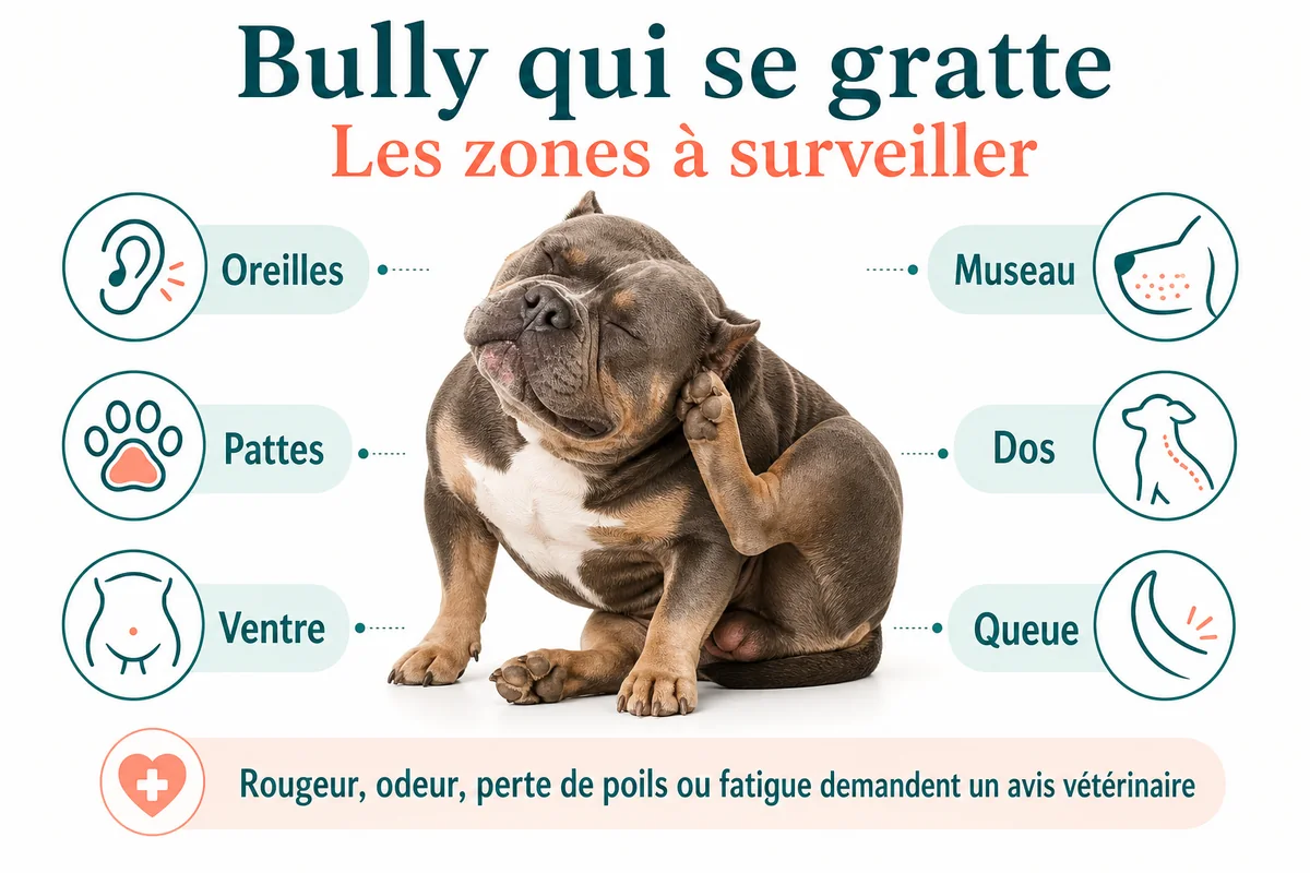 Infographie des zones à surveiller chez un American Bully qui se gratte