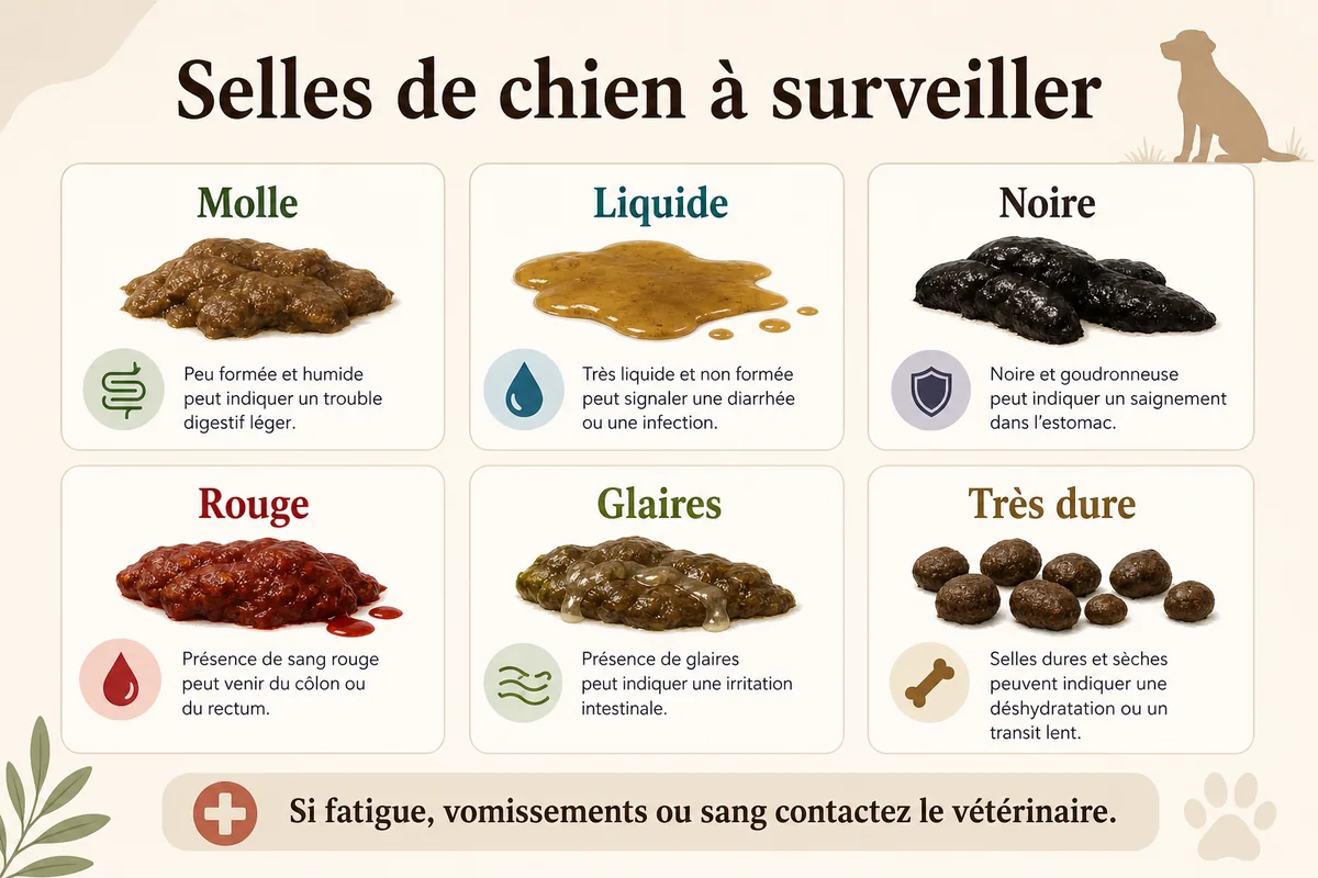 Infographie des selles de chien à surveiller selon couleur texture et signes associés