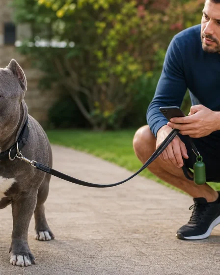 American Bully calme observé après une promenade par son maître avec téléphone et sac de propreté