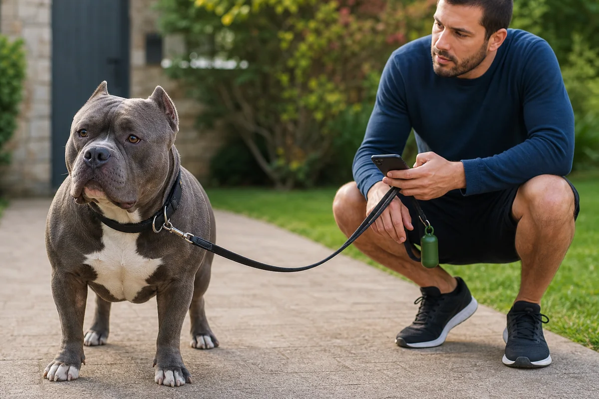 American Bully calme observé après une promenade par son maître avec téléphone et sac de propreté