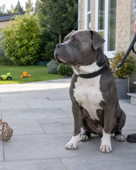 XL Bully calme tenu par un adulte dans un jardin familial avec muselière au sol