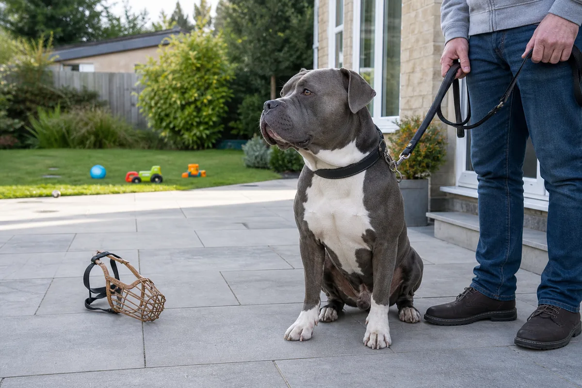 XL Bully calme tenu par un adulte dans un jardin familial avec muselière au sol