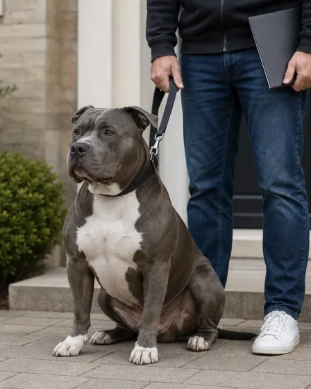 XL Bully calme tenu en laisse devant une maison avec un dossier de papiers