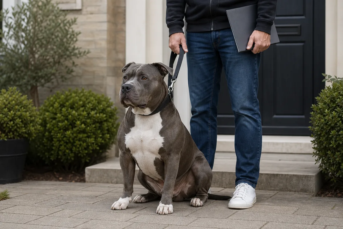 XL Bully calme tenu en laisse devant une maison avec un dossier de papiers