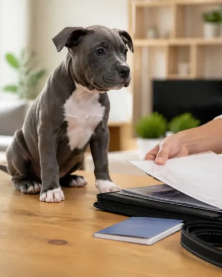 Chiot American Bully calme avec un dossier de documents vétérinaires sur une table