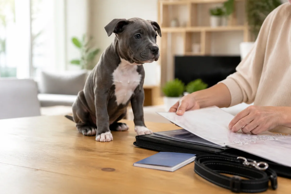 Chiot American Bully calme avec un dossier de documents vétérinaires sur une table
