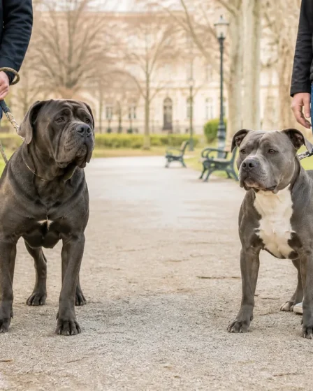 Cane Corso et American Bully calmes tenus en laisse dans un parc