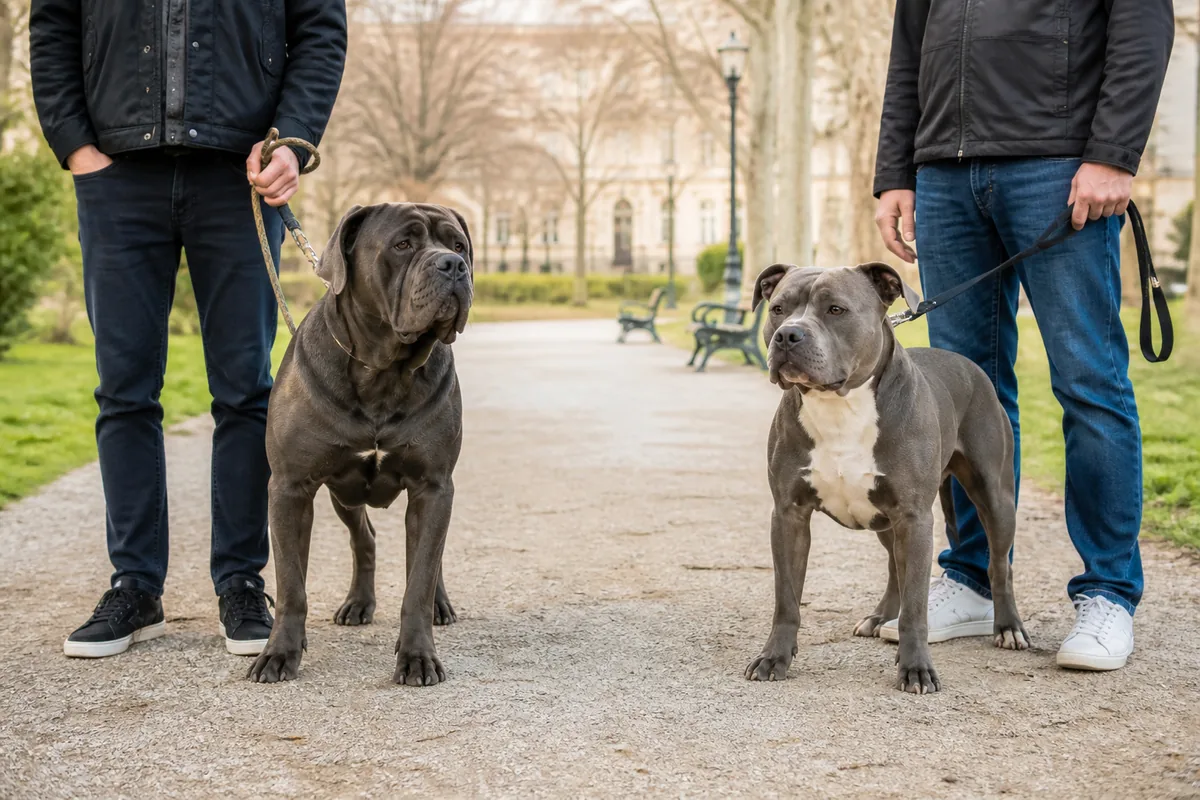 Cane Corso et American Bully calmes tenus en laisse dans un parc