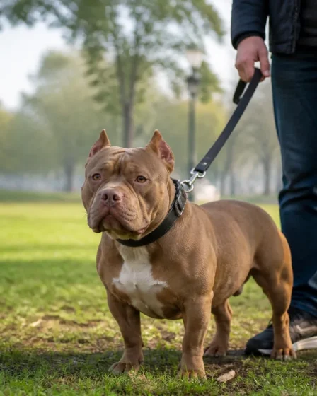 Pocket Bully calme tenu en laisse dans un parc après un replacage