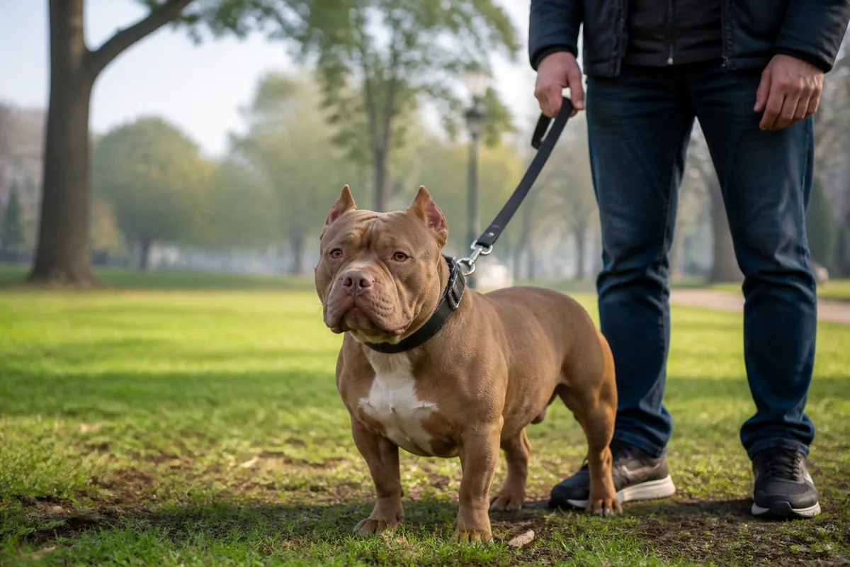 Pocket Bully calme tenu en laisse dans un parc après un replacage